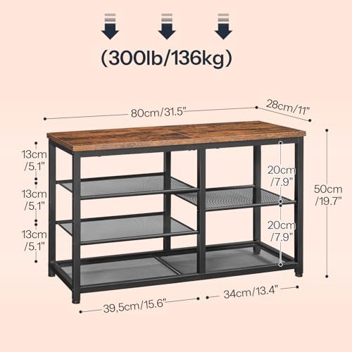 HOOBRO Shoe Bench, 5-Tier Shoe Rack Bench with Mesh Shelves, Shoe Organizer, Industrial Shoe Storage Bench for Entryway, Easy Assembly, 11 x 31.5 x 19.7 Inches, Rustic Brown and Black BF36HX01