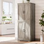 Vongrasig Kitchen Pantry Storage Cabinet with Barn Doors, Drawer and Adjustable Shelves, 6-Tier Tall Rustic Wood Cupboard Locker for Kitchen, Dining Room, Living Room, Bathroom, Rustic Grey