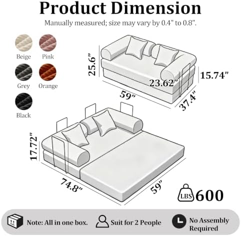 59'' Convertible Compressed Corduroy Folding Cloud Sofa Bed, Modern Pull Out Loveseat Sleeper in a Box, 4 in 1 Floor Mattress Futon Fluffy Couch, No Assembly Needed, Beige, 2 Pillows, Full