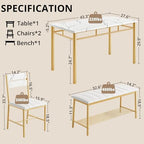 IRONCK Dining Table Set for 4, Kitchen Table and Chairs Set, White & Gold | Kitchen Table with Upholstered Bench and 2 Chairs for Small Space, Apartment