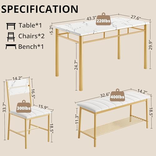 IRONCK Dining Table Set for 4, Kitchen Table and Chairs Set, White & Gold | Kitchen Table with Upholstered Bench and 2 Chairs for Small Space, Apartment