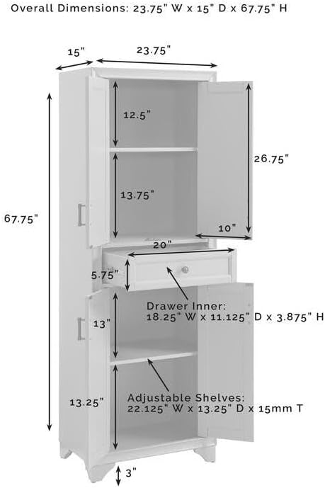 HomeStock White Kitchen Pantry Cabinet - Adjustable Shelves - 67.75" Height - Storage Organizer