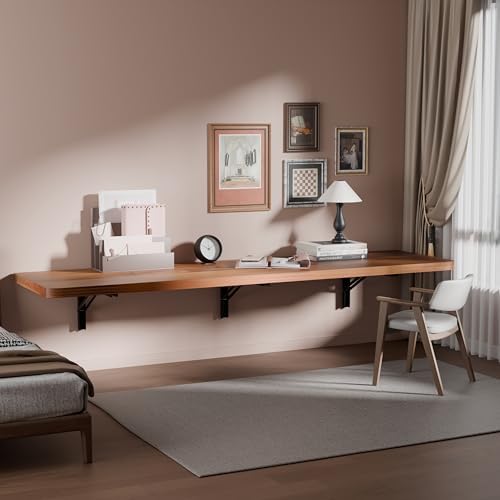 IAE Wall Mounted Folding Table with Pine Wood,60" x 16"Floating Wall Desk | Laundry Folding Table with Shelf Brackets,Fold Down Desk Shelf,Fold Workbench for Apartments,Home,Laundry Room,Kitchen,Teak