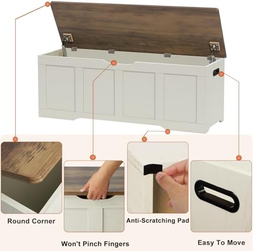 Timberer 47.2" Storage Chest, Extra Large Storage Trunk with 2 Safety Hinges, Wooden Storage Bench, Shoe Bench, Entryway Bench for Living Room, Bedroom, Brown and Rustic White