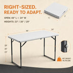 4FT Folding Table 3 Levels Adjustable Height, Heavy Duty Fold-in-Half Portable Table, 400 lbs Capacity Foldable Table for Party Dining Camping Events Picnic Outdoor Indoor Use