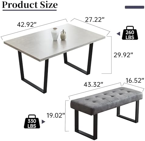 HIPIHOM Dining Table Set with Bench, Grey Table with Grey Right Seat Bench | 42.9 Inch MDF Tabletop with Corner sofa and 43.3 In Bench, Metal Legs for Family Dining Room Furniture, Apartment