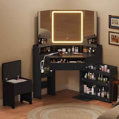 HAUOMS Corner Vanity Desk with Mirror Lights & Storage Bench, Black | Makeup Vanities with Drawers & Rotating Shelves, Power Outlet, 3 Light Settings, Dimmable for Women Girls