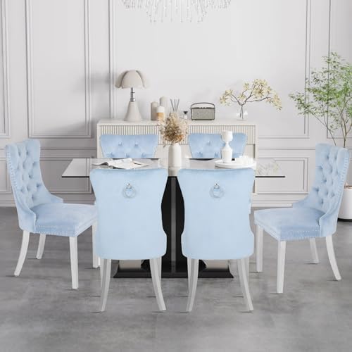 Velvet Dining Chairs Set of 4,Upholstered Dining Room Chairs with Stainless Steel Legs,Modern Luxury Kitchen Accent Chair with Button Tufted High Back,Pull Ring,Nailhead Trim,Light Blue