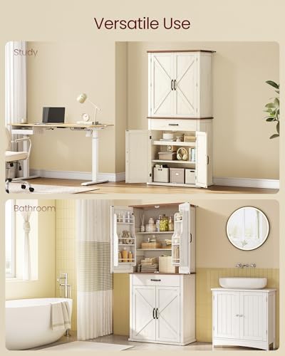 VASAGLE Pantry Cabinet, Freestanding Tall Cupboard with a Drawer | 15.8 x 31.5 x 70.3 Inches, 2 Cabinets, 4 Adjustable Shelves, Rustic White and Honey Brown, LIRY Collection UBBK364W01