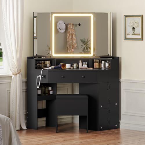 HAUOMS Corner Vanity Desk with Mirror Lights & Storage Bench, Black | Makeup Vanities with Drawers & Rotating Shelves, Power Outlet, 3 Light Settings, Dimmable for Women Girls