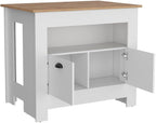 Kitchen Island Geneva, White/Macadamia with Spacious Workspace and Ample | 40.5" x 27.5" Macadamia countertop with ample storage and engineered wood frame