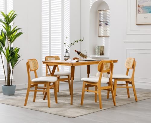 Shunzhi Rattan Dining Chairs Set of 4, Upholstered Farmhouse Dining Room Chairs with Back, Mid Century Modern Kitchen Chairs, Wooden Boho Side Chair for Restaurant, White Sherpa