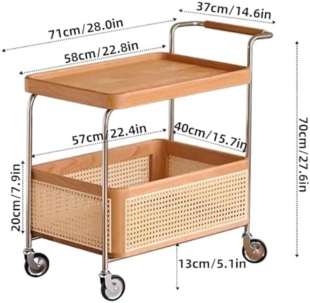 Brown Wood Rolling Side Table - 2-Tier Multi-Functional Utility Cart with Rattan Basket & Handle for Living Room, Bedroom, Home Organization, Modern Decor