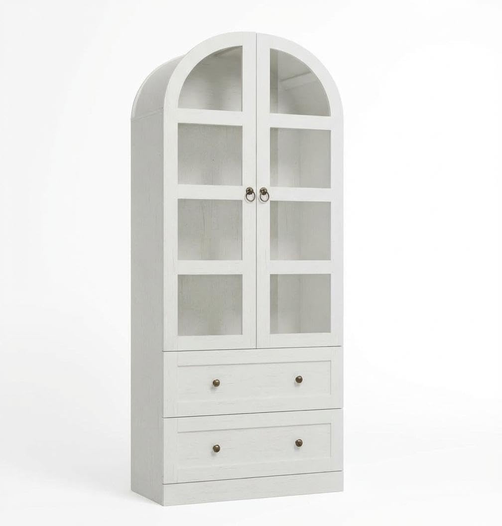 72" Tall Arched Kitchen Pantry Cabinet,Wood Arched Bookshelf with 2 Doors, 2 Drawers, Adjustable Shelves,Versatile Sideboard Buffet for Dining & Living Room,White