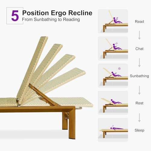 PURPLE LEAF Extra Wide Patio Lounge Chair Resort Wicker Set of 2, Green | Durable Handwoven Wicker, Matte Teak Wood-Grain Aluminum Frame, 5 Adjustable Positions, Non-Slip Pads, 440 lbs Capacity