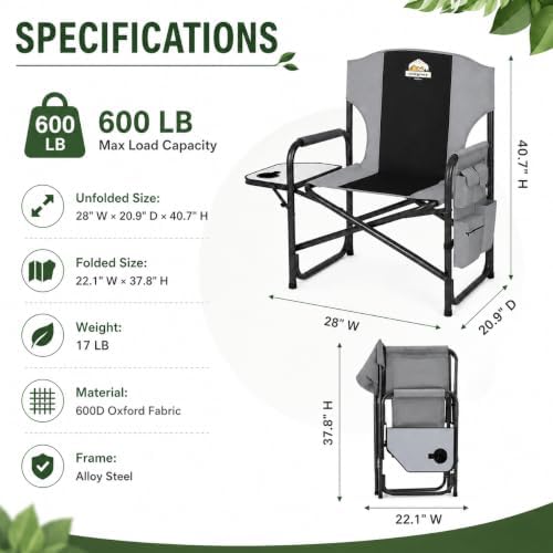 Colegence Oversized Directors Camping Chairs, 2 Pack, 600 lb, Black | Heavy duty outdoor chairs for adults, 28" wide seat, supportive back, side table, cup holder, detachable storage pocket