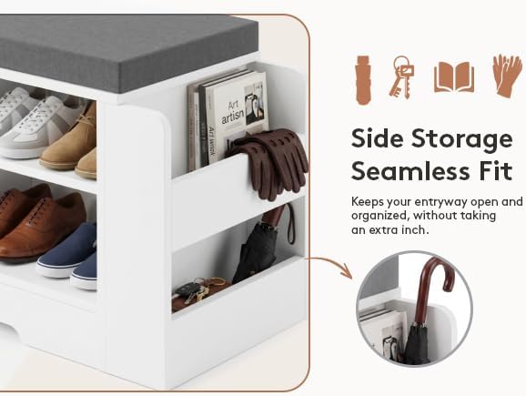 Farmhouse Shoe Storage Bench with 3-in-1 Entryway Storage & Padded Seat | 47.3" Wide Entryway Bench with Adjustable Shelves, Shoe Organizer & Side Storage Rack for Living Room, Bedroom, White