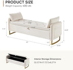 Storage Bench for Bedroom, 65 Inch End of Bed Storage Bench Beige | Velvet Storage Ottoman Bench, Tufted Upholstered and Gold Legs, Bedroom Bench with Storage, Arms, 2 Pillows, for Window