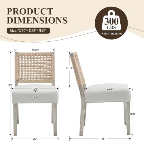 chairus upholstered Dining Chairs Set of 4, Boho Coastal Dining Room Chairs with Natural Woven Rope Back White Gray Washed Wood Leg Modern Farmhouse Wooden Kitchen Side Chairs, Ivory Linen Seat