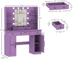 HUANLEGO Vanity Desk with Mirror and Lights, Makeup Vanity with Mirror and LED Lights & Power Outlet, 3 Drawers and Cabinets, 3 Lighting Modes Dressing Table Set for Girls Women Bedroom,Purple