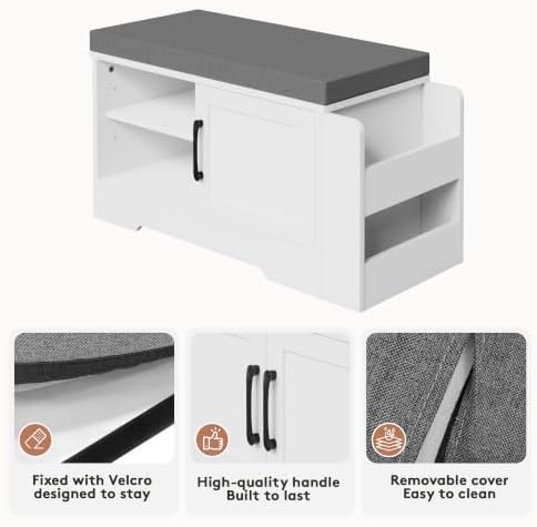 Farmhouse Shoe Storage Bench with 3-in-1 Entryway Storage & Padded Seat | 27.8" Wide Entryway Bench with Adjustable Shelves, Shoe Organizer & Side Storage Rack for Living Room, Bedroom, White