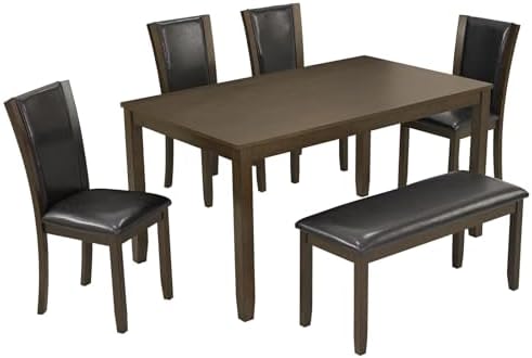 6-Piece Dining Table Set with Bench and Chairs - Solid Wood Kitchen Dining Room Table Set in Farmhouse Rustic Style, Table Set for 6 with 4 Chairs and Bench Seat.(Dark Walnut_Large)