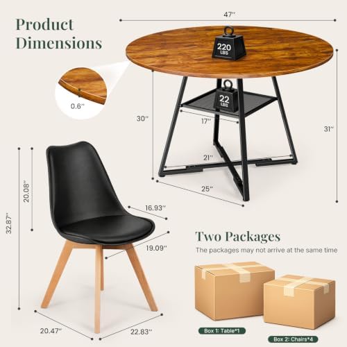 47in Round Dining Table Set for 4, Kitchen Table with Chairs | Circle Table, PU Leather, Metal Cross Base, Storage Shelf, Breakfast Nook, Space-Saving, Apartment, Living Room, Brown Black