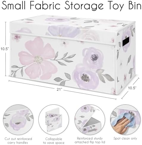 Sweet Jojo Designs Purple Watercolor Floral Girl Small Fabric Toy Bin Storage Box Chest For Baby Nursery or Kids Room - Lavender, Pink and Grey Shabby Chic Rose Flower