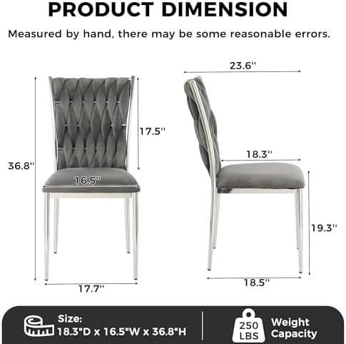 Velvet Dining Chairs Set of 6, Modern Upholstered Kitchen Chairs with Silver Metal Legs, Woven Velvet Fabric and High Back, Dirt Resistance, Easy to Assemble, for Home, Living Room - Dark Grey