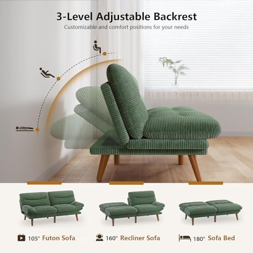 PERLECARE Convertible Futon Sofa Bed, 73" Corduroy Futon Couch with Adjustable Backrest and Armrests, 3-in-1Recliner Sleeper Sofa for Small Spaces, Play Room,Living Room or Office（73in,Green）