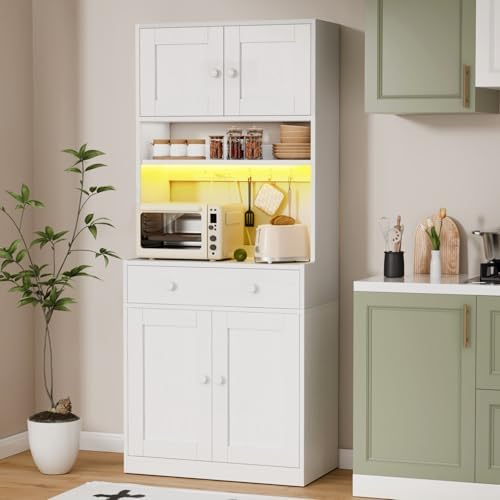 71" Tall Kitchen Pantry Cabinet with Microwave Countertop, LED Lights White | 29.5" W Wood Kitchen Hutch with Drawer, 4 Doors, Charging Station and Adjustable Shelf for Dining Room and Living Room