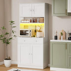 71" Tall Kitchen Pantry Cabinet with Microwave Countertop, LED Lights White | 29.5" W Wood Kitchen Hutch with Drawer, 4 Doors, Charging Station and Adjustable Shelf for Dining Room and Living Room