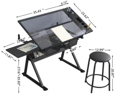 Litex Adjustable Drafting Table with Stool, Glass Top Art Desk for Drawing & Painting, 0–75° Tilting Tabletop, Height Adjustable Craft Desk with Storage Drawers for Home Office Studio (Black)