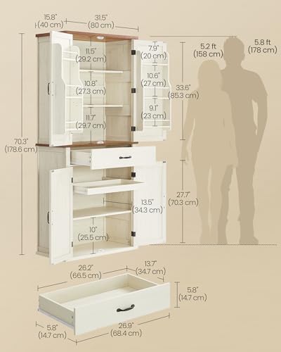 VASAGLE Pantry Cabinet, Freestanding Tall Cupboard with a Drawer | 15.8 x 31.5 x 70.3 Inches, 2 Cabinets, 4 Adjustable Shelves, Rustic White and Honey Brown, LIRY Collection UBBK364W01