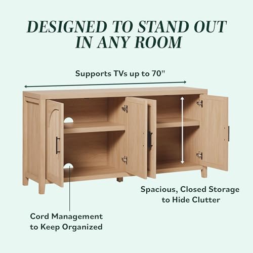 Walker Edison Sasha 4-Door Reeded Sideboard Buffet with Cord Management, 60 Inch, Coastal Oak