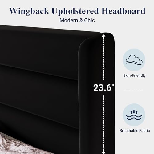 Allewie Full Size Platform Bed Frame with Velvet Upholstered Wingback Headboard, No Box Spring Needed, Under Bed Storage Space, Strong Wooden Slats, Modern Mattress Foundation, Easy Assembly, Black