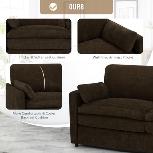 Comfy Chenille Sofa Set with Well-Filled Pillows, Brown | Modern 3 Seater & Loveseat Sofa w/Upholstered Cushions, 2 Pieces Sectional Couch w/Soft & Thickened Seats for Living Room