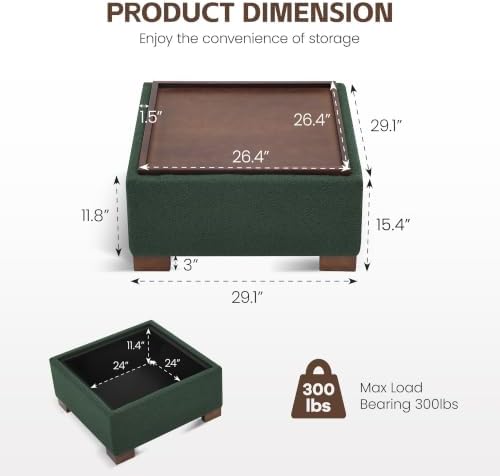 WUTUTUEE 30" Square Ottoman Coffee Table with Storage, Boucle Ottomans with Tray and Solid Wood Legs for Living Room, Bedroom and Apartments, Oversize Modern Ottoman Tea Table with Lift-Off Lid, Green