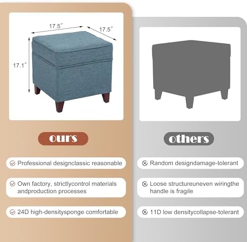 Adeco 17" Square Ottoman with Storage, Small Blue Storage Ottoman Foot Rest with Hinged Lid & Solid Wood Legs, Linen Fabric Foot Stool for Living Room & Bedroom, Seasonal Home Refresh & Gifting