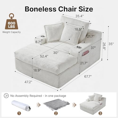 Oversized Chaise Lounge Chair Indoor, Upholstered Sleeper Sofa Bed | Couch with Cup Holders & 2 Pillows, Deep Seat Corduroy Cloud Sofa for Living Room, No Assembly Reading Chair, White