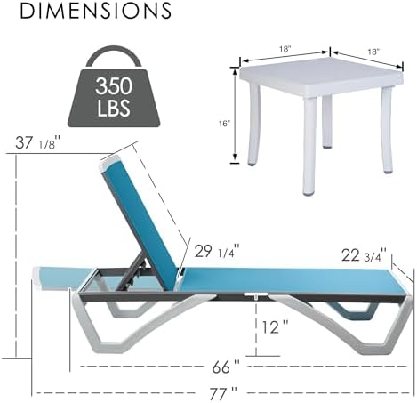 Kozyard Outdoor Chaise Lounge Chair, Full Flat Adjustable Patio Lounger with Aluminum Frame & Resin Legs, Textilene Fabric for Poolside, Backyard & Beach (Aqua, 2Chairs + Table)