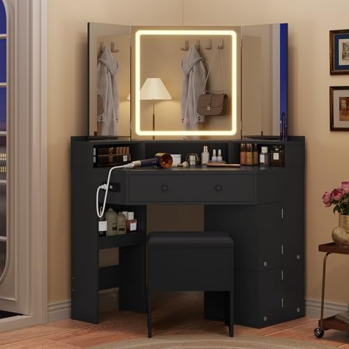 HAUOMS Corner Vanity Desk with Mirror Lights & Storage Bench, Black | Makeup Vanities with Drawers & Rotating Shelves, Power Outlet, 3 Light Settings, Dimmable for Women Girls