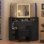 HAUOMS Corner Vanity Desk with Mirror Lights & Storage Bench, Black | Makeup Vanities with Drawers & Rotating Shelves, Power Outlet, 3 Light Settings, Dimmable for Women Girls