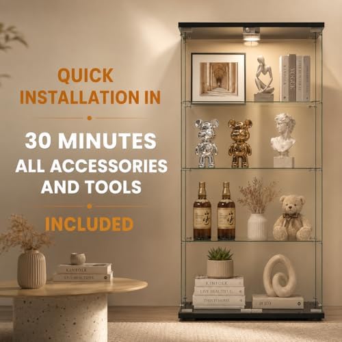 Glass Display Cabinet 4-Shelf 2 Doors with LED Push Light Lockable Glass Display Case with 4mm Tempered Glass Floor-Standing Bookshelf for Bedroom, Living Room, Black