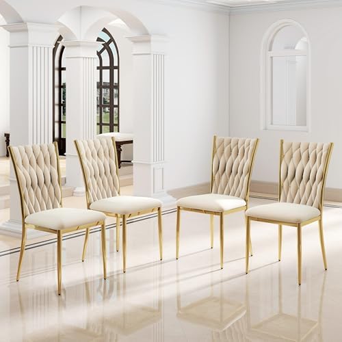Modern Dining Chairs Set of 4, Beige Velvet Woven Kitchen Chair with Golden Metal Legs, Upholstered Cushion & High Back Design, Mid-Century Dining Chairs for Kitchen, Living Room
