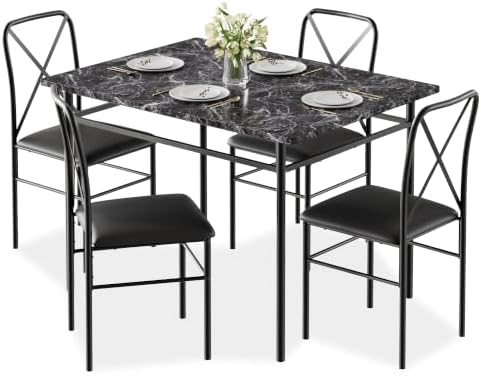 VECELO 5-Piece Dining Table Set for 4 with Upholstered Chairs, Pure Black | Faux Marble Tabletop, Space-Saving, for Kitchen, Breakfast Nook