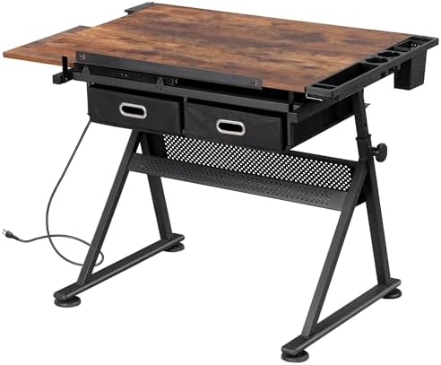 ZENY Adjustable Drafting Table with Stool Tilting Drawing Desk Artist Table | with Outlet, Storage Drawers, Art Craft Workstation for Home Office Reading, Writing, Crafting