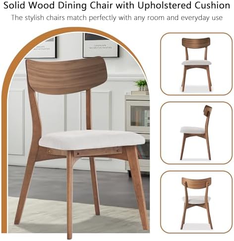 Modern Dining Chairs with Upholstered Cushion, Solid Rubber Wood Dining Chair with Comfortable Backrest, Sturdy Wooden Chairs for Kitchen, Dining Room (Walnut-Beige, 6 Sets)