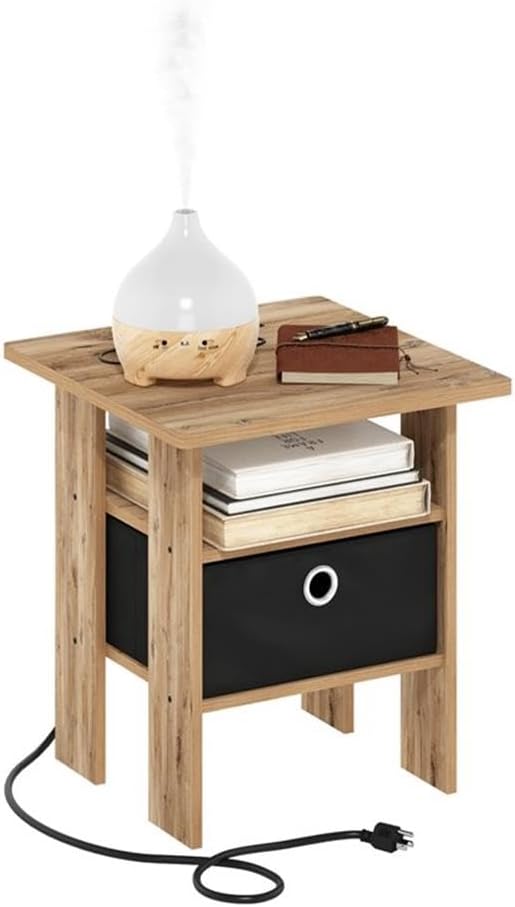 Pemberly Row Charging Station End Table, Composite Wood, Flagstaff Oak/Black Finish, 2 AC Outlets, USB & Type-C Ports, Includes Basket, 15.55 x 15.55 x 17.68 in, Living Room/Bedroom Use