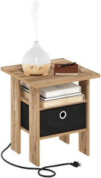 Pemberly Row Charging Station End Table, Composite Wood, Flagstaff Oak/Black Finish, 2 AC Outlets, USB & Type-C Ports, Includes Basket, 15.55 x 15.55 x 17.68 in, Living Room/Bedroom Use